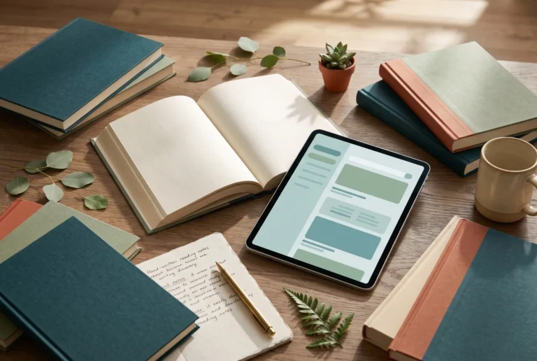 Clothbound books in teal, sage and terracotta around an open notebook and a tablet showing a reading list.