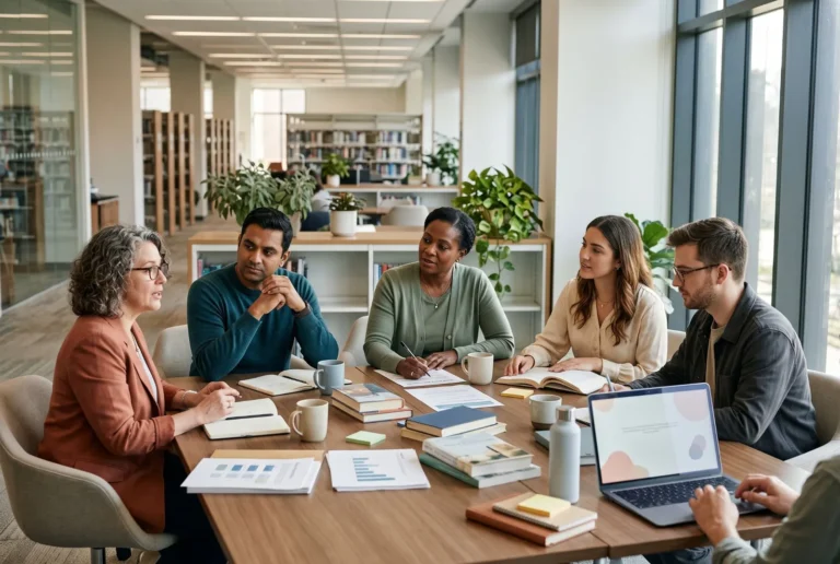 Five adults around a library table covered in books, notebooks and printed reports, in discussion.
