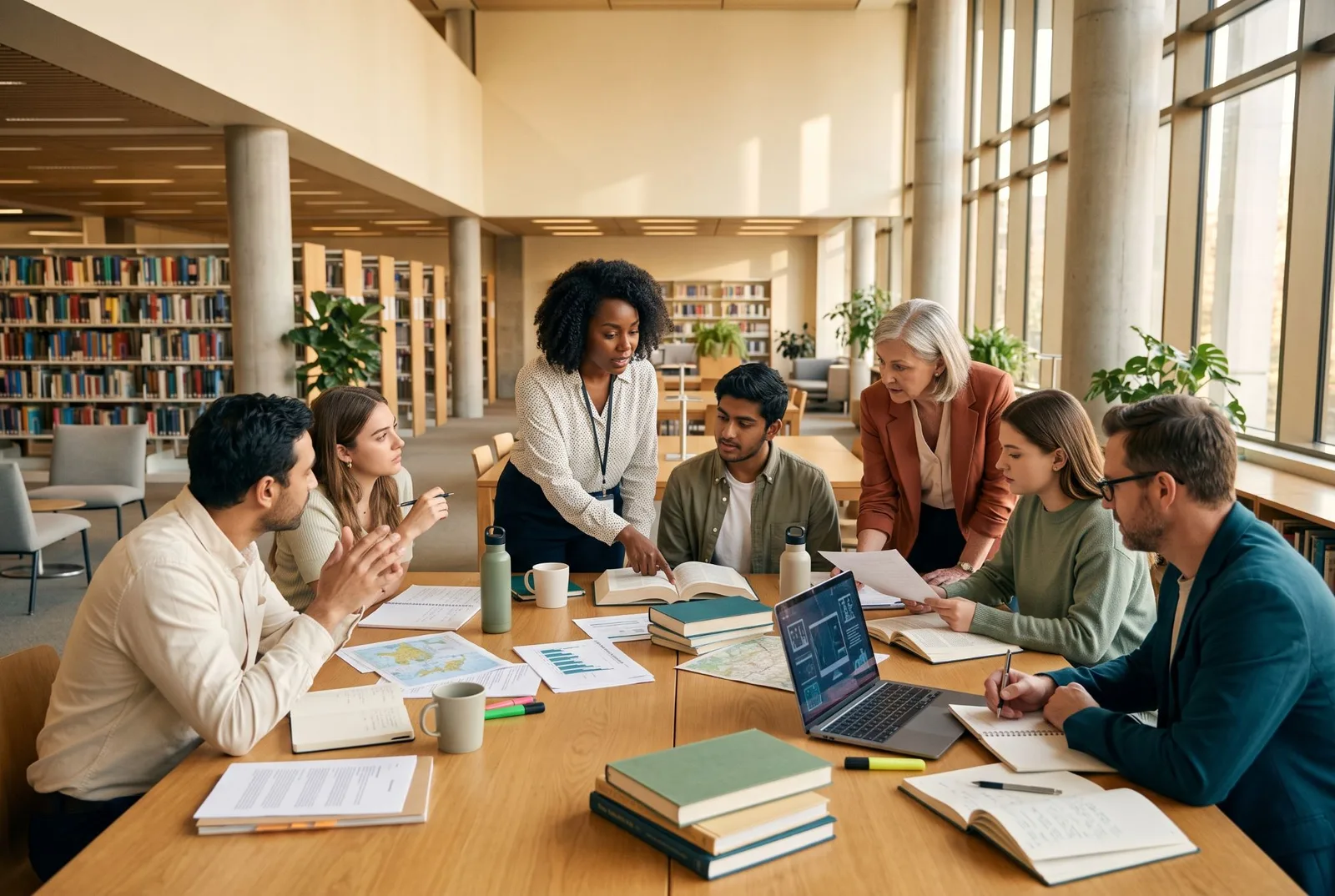 A facilitator points to a passage in an open book while a group of students and educators look on around a library table.