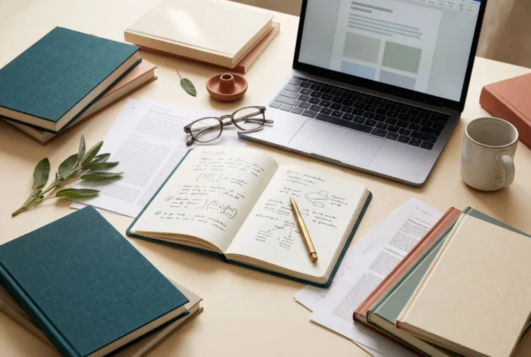 An open notebook of handwritten notes beside a laptop, reading glasses and printed pages.