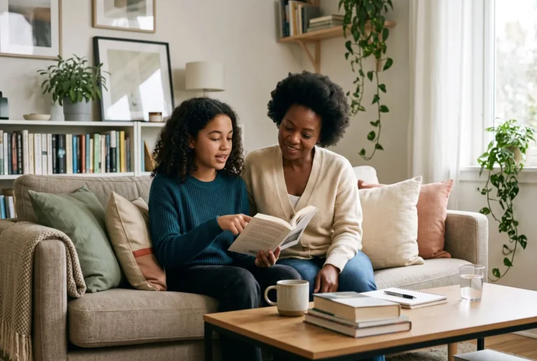 A parent and teenager on a sofa, the teen pointing to a line in a paperback they are reading together.