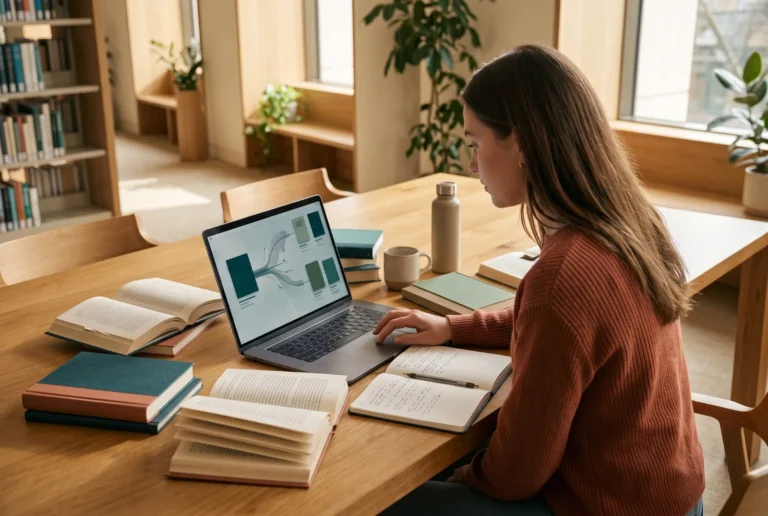 A reader at a library table with open books and a notebook, using a laptop that maps one book to related titles.