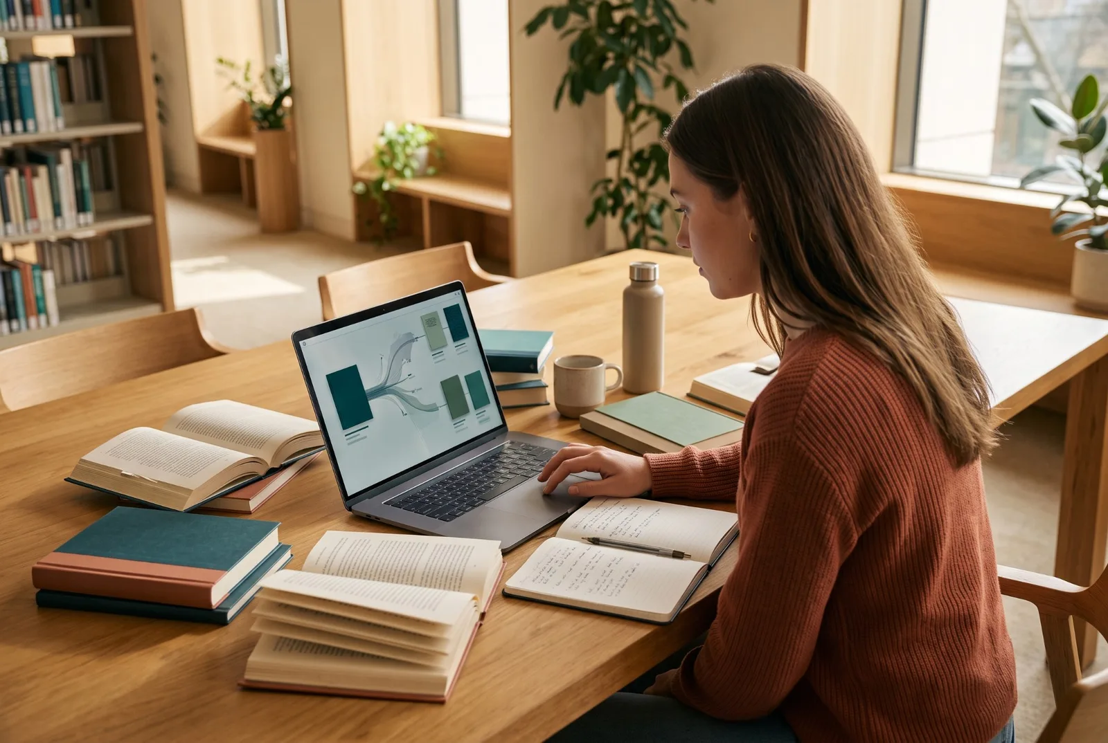 A reader at a library table with open books and a notebook, using a laptop that maps one book to related titles.