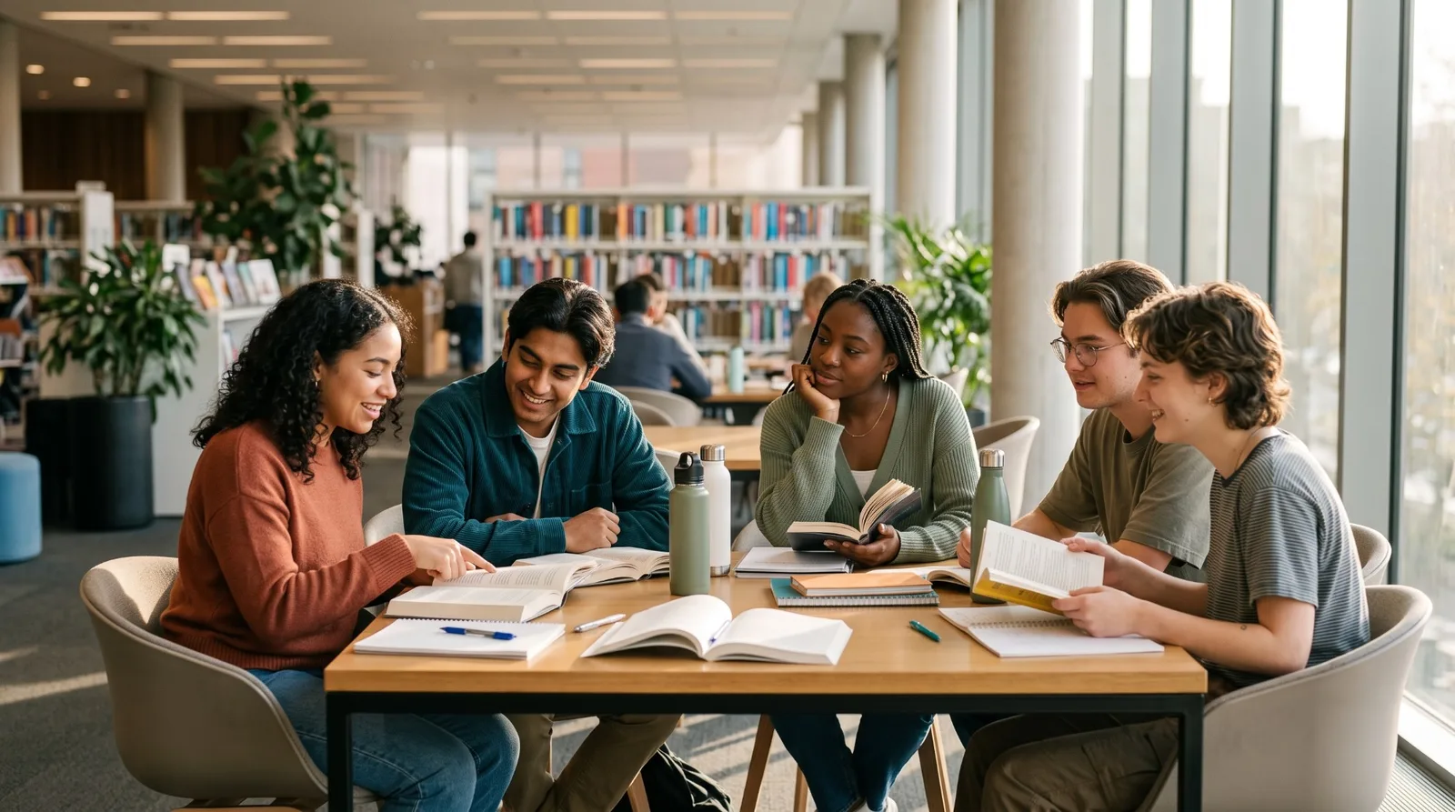 Five students around a library table, reading and talking through passages from shared books.