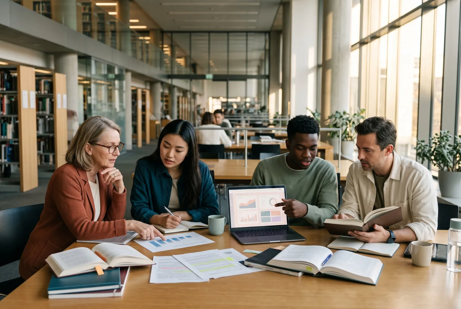A researcher and three colleagues in a library review printed bar charts, highlighted papers and a data dashboard.