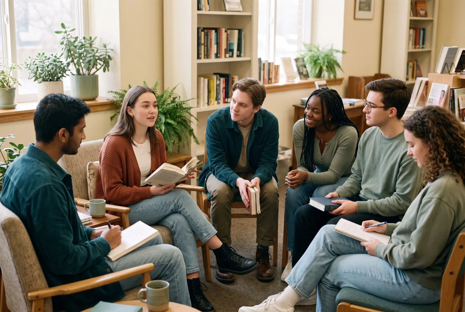 A group of young adults in a circle of chairs, one reading aloud from an open book.