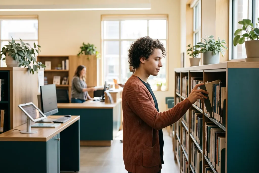 A young reader pulling a book from a teal library shelf, with a librarian at the desk behind.